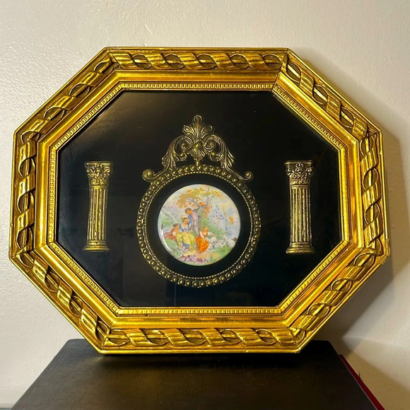 Fragonard Limoges Victorian Courting Scene Porcelain Plaque Shadowbox Gold frame - Picture 1 of 7